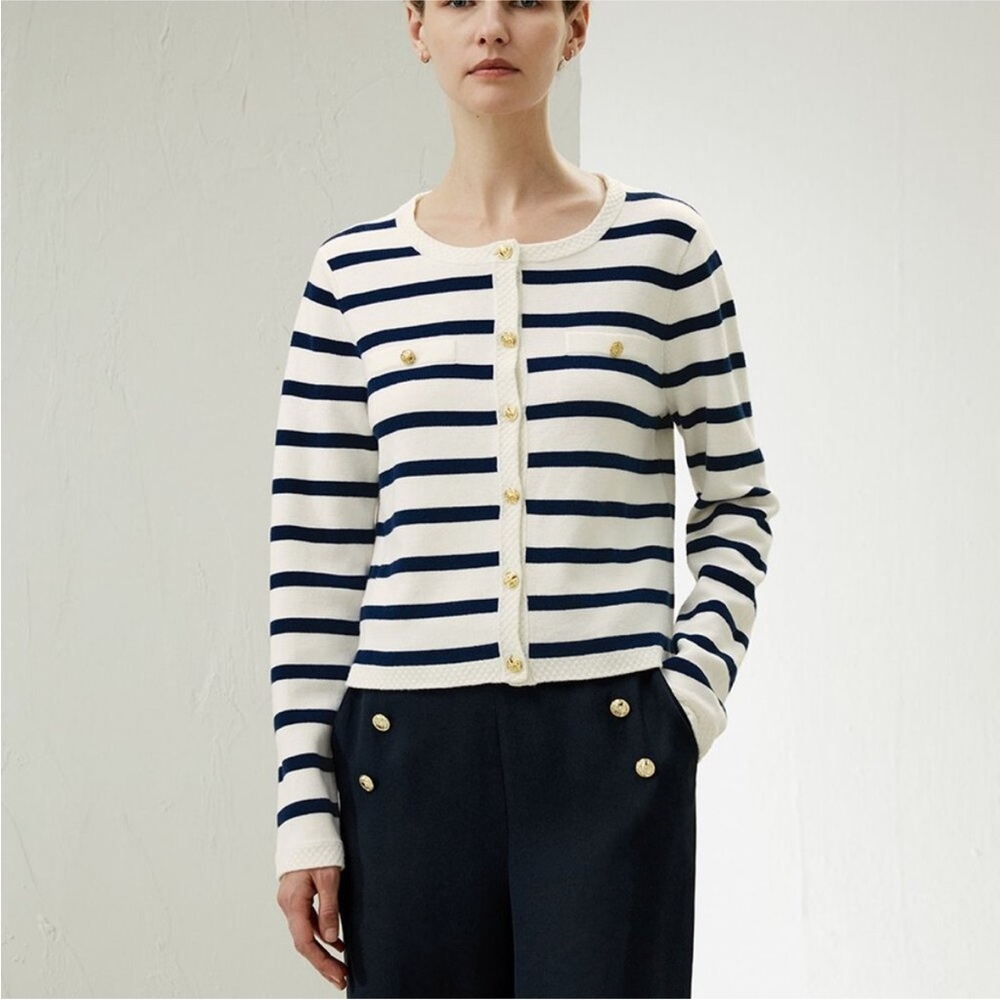 Lilysilk Gariana Striped Wool Cardigan Navy and White